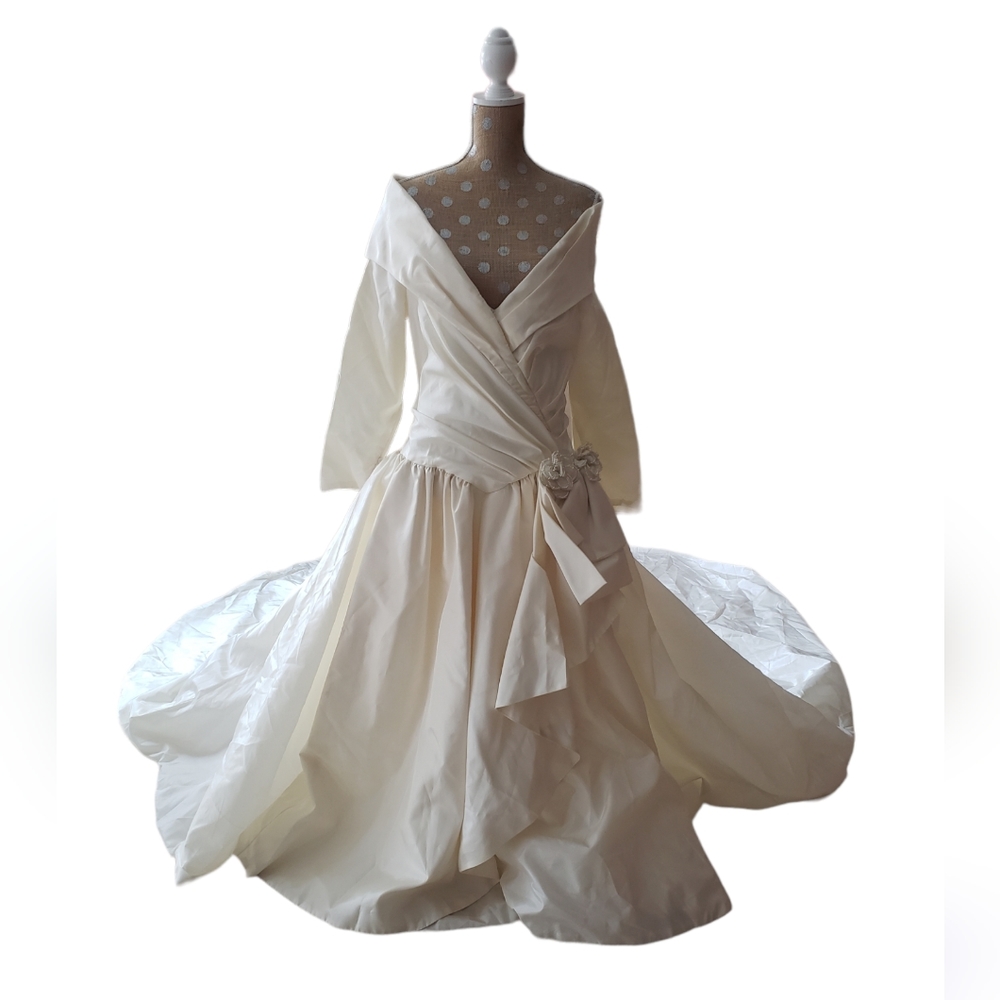 Wedding dress portrait neckline long sleeve bustled 12 ivory